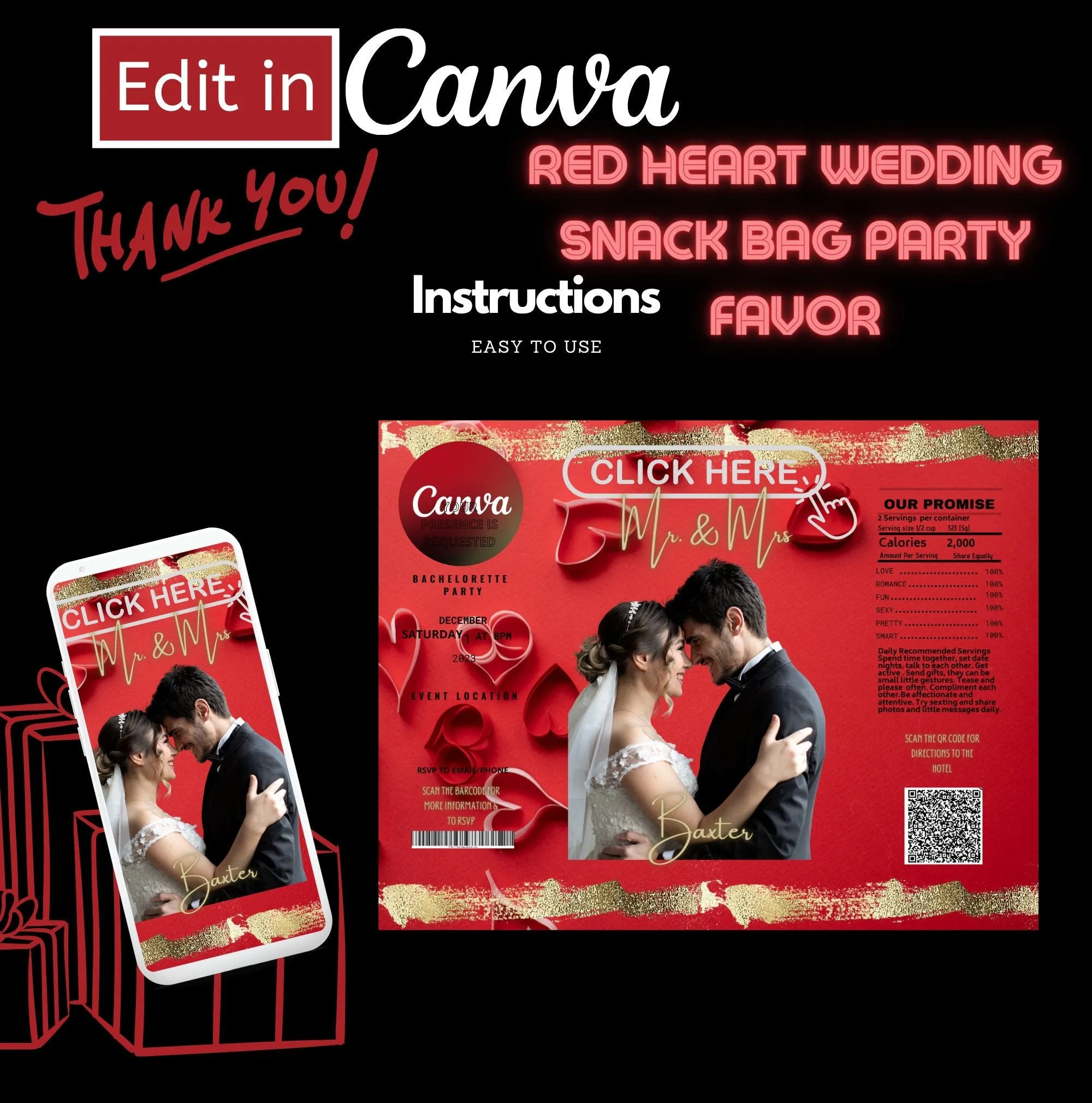 Red Heart Wedding Chip Bag, Snack Bag, Marketing, Party Favor, Template, Red Editable Bag, DIY Bag, Pro Bag, Birthday, Party, Wedding Favors