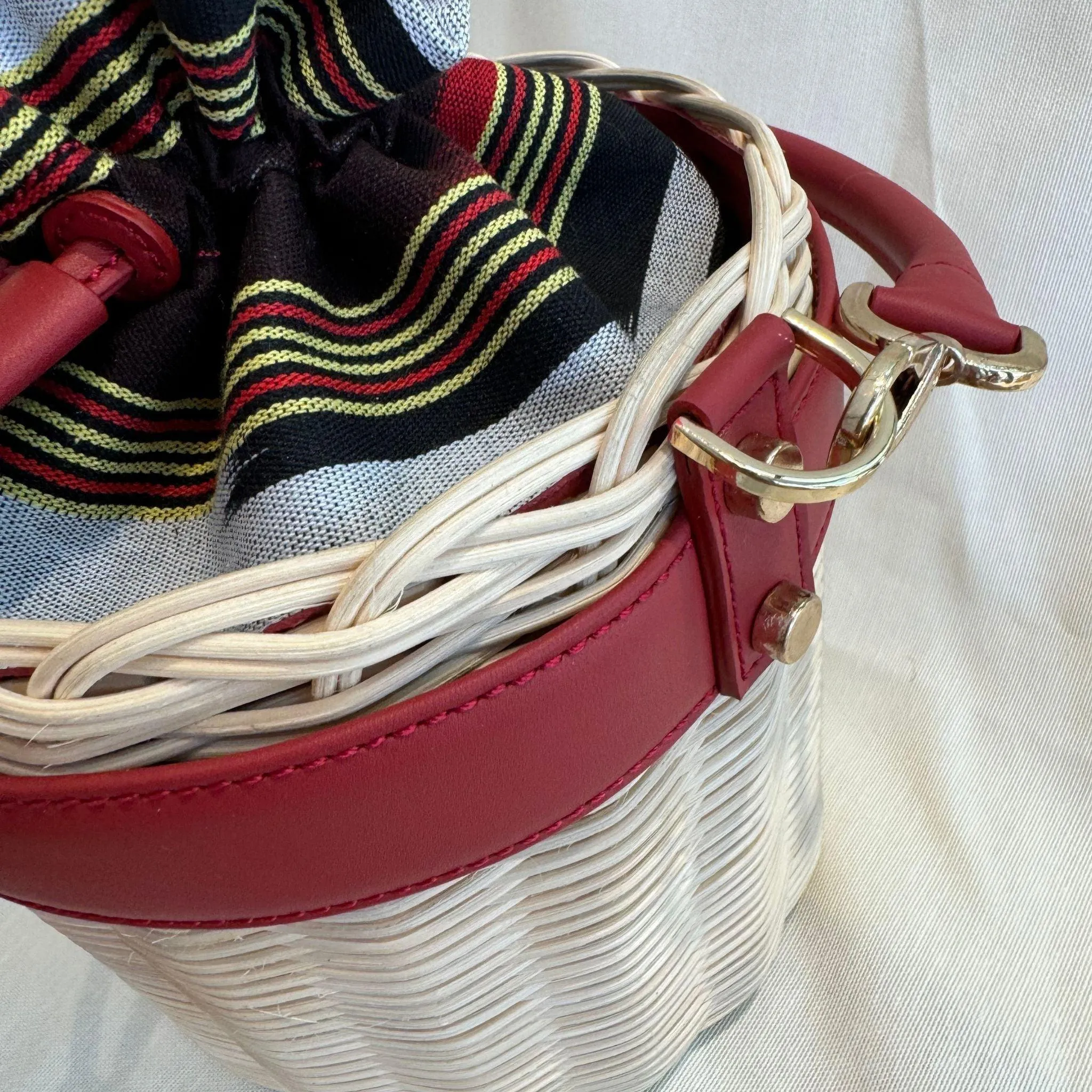 Red Leather & Straw Bucket Bag with Drawstring
