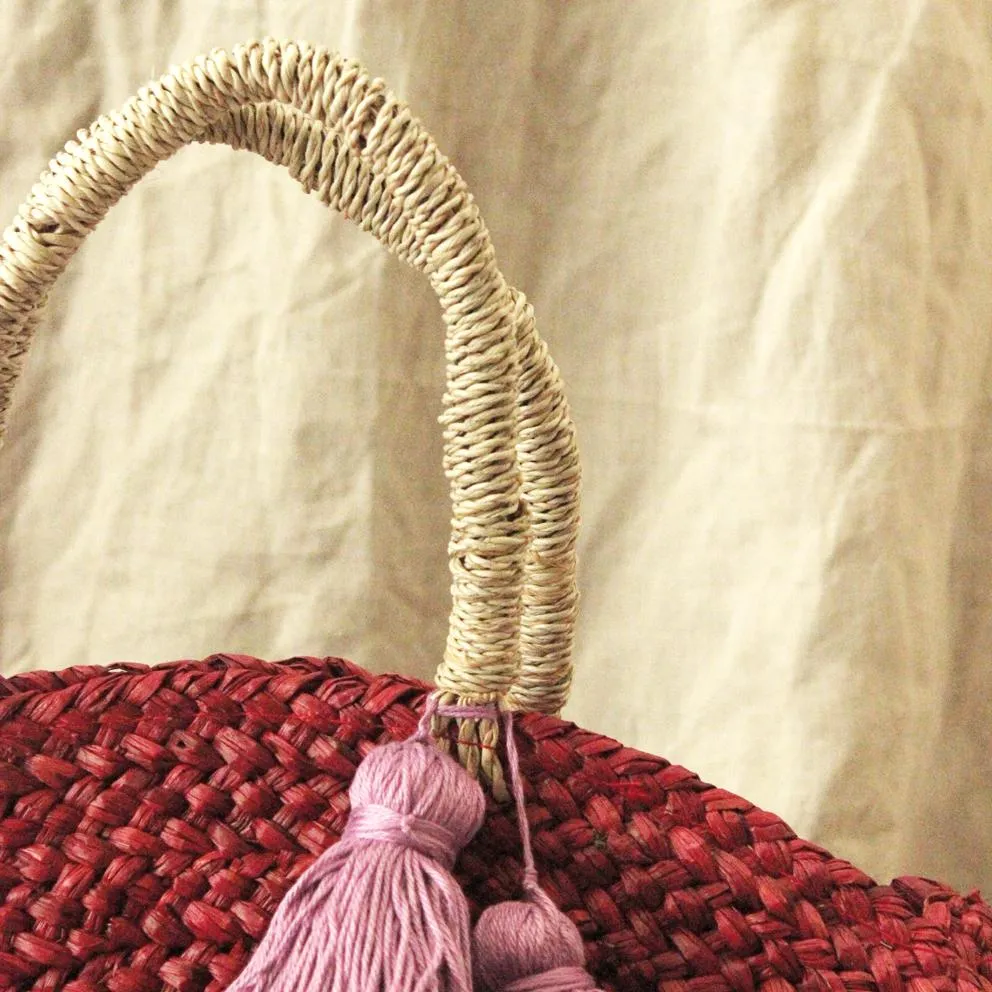 Red Luna Bag - Round Handwoven Straw Tote Bag with Purple Tassels