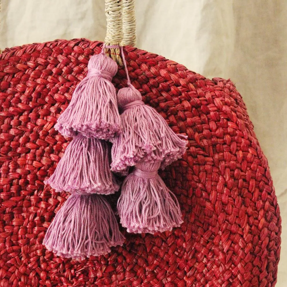 Red Luna Bag - Round Handwoven Straw Tote Bag with Purple Tassels