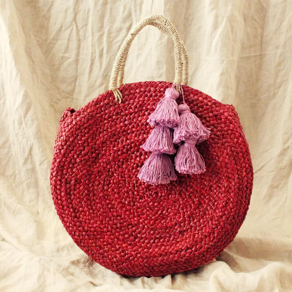 Red Luna Bag - Round Handwoven Straw Tote Bag with Purple Tassels