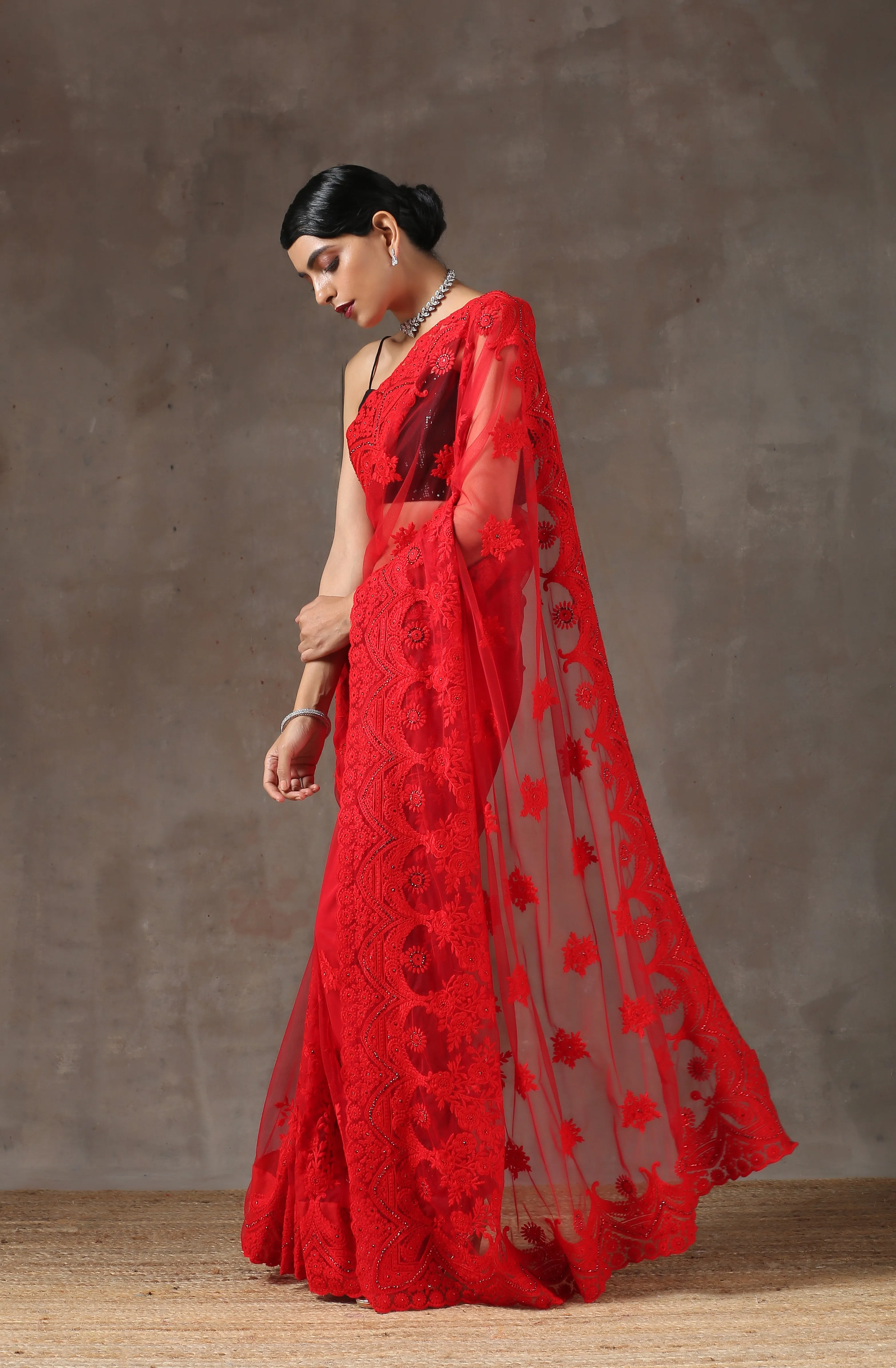 Red Moulin Rouge Net Saree with Embroidery & Scalloping