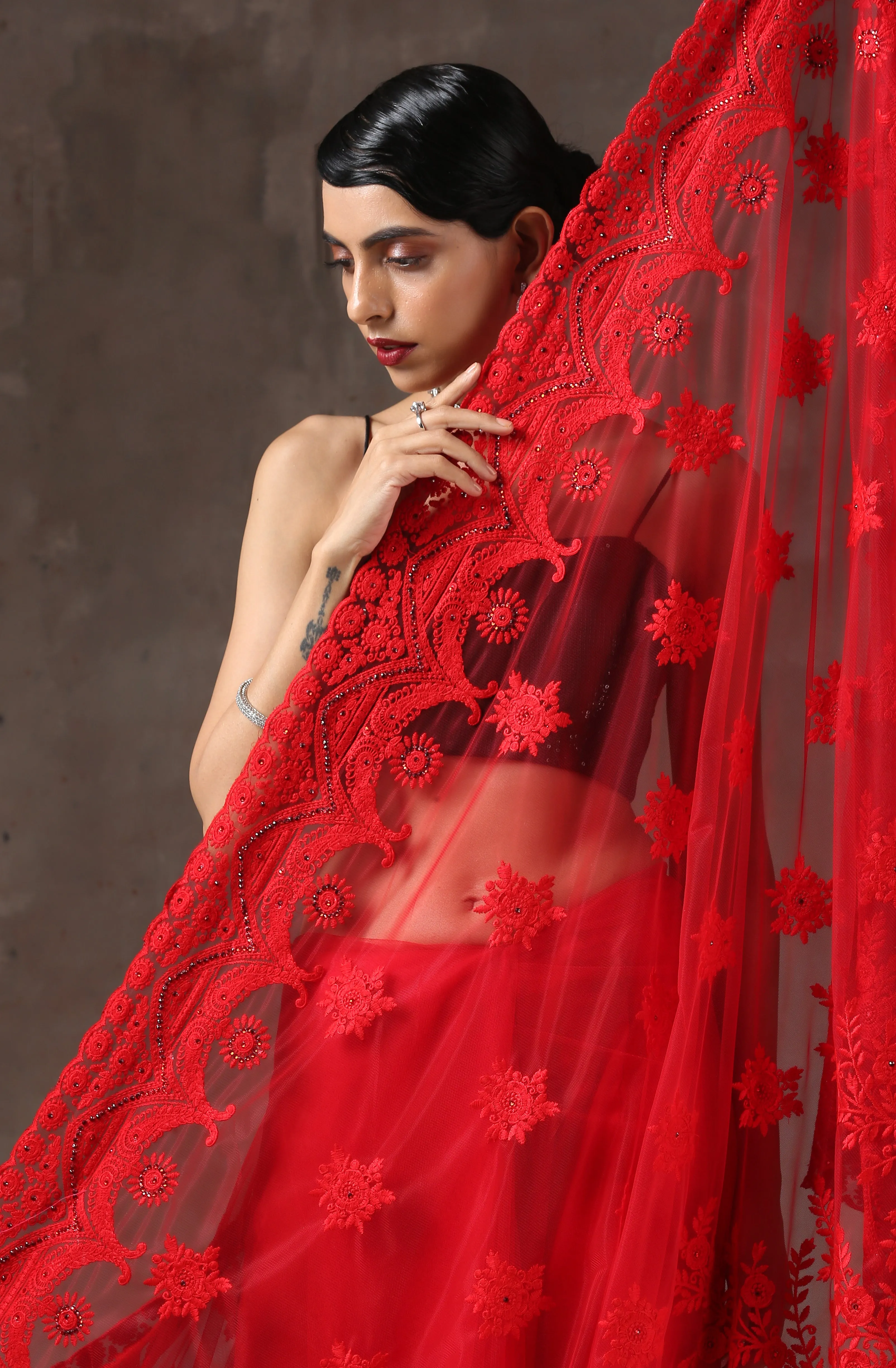 Red Moulin Rouge Net Saree with Embroidery & Scalloping
