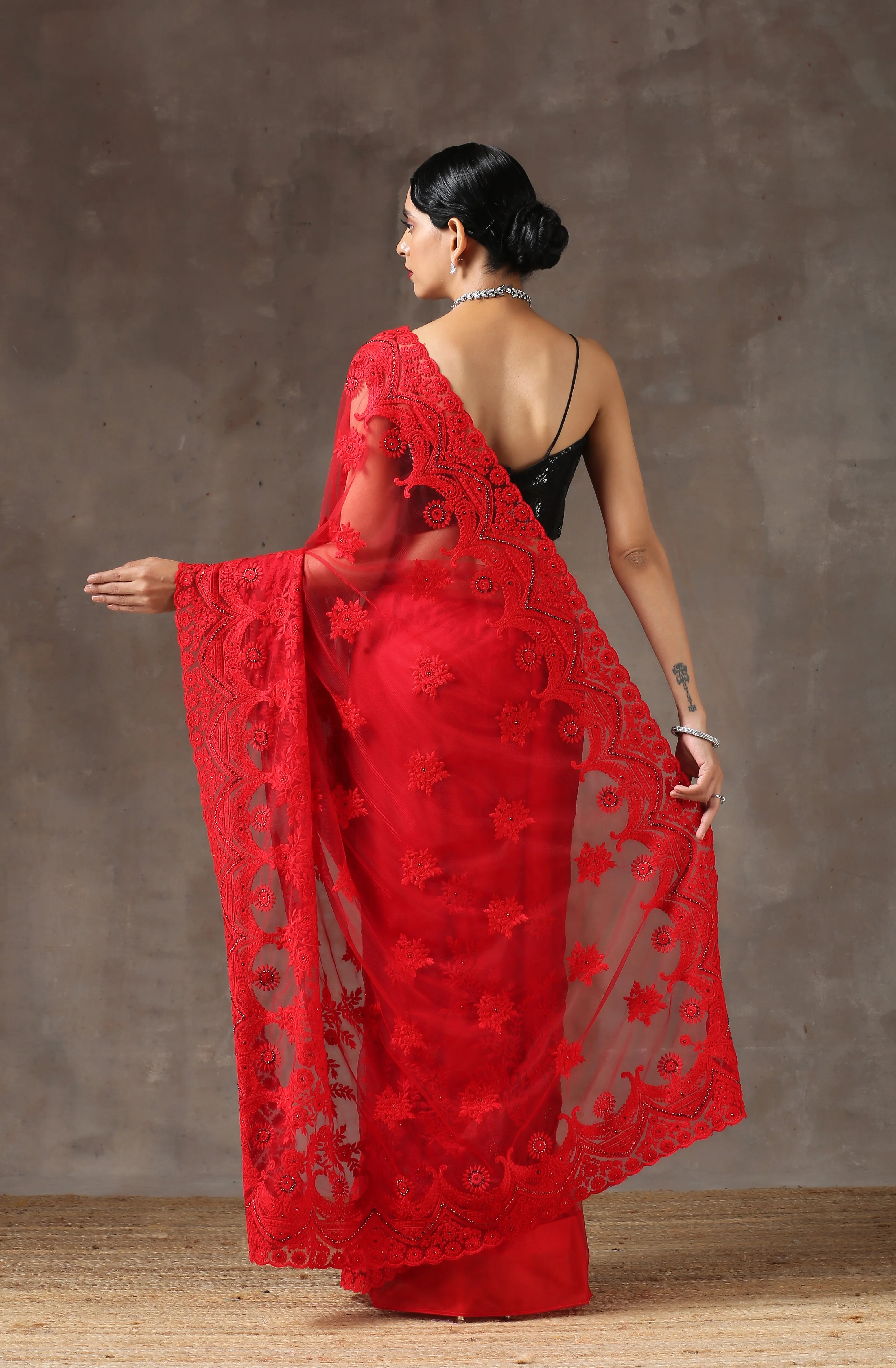 Red Moulin Rouge Net Saree with Embroidery & Scalloping