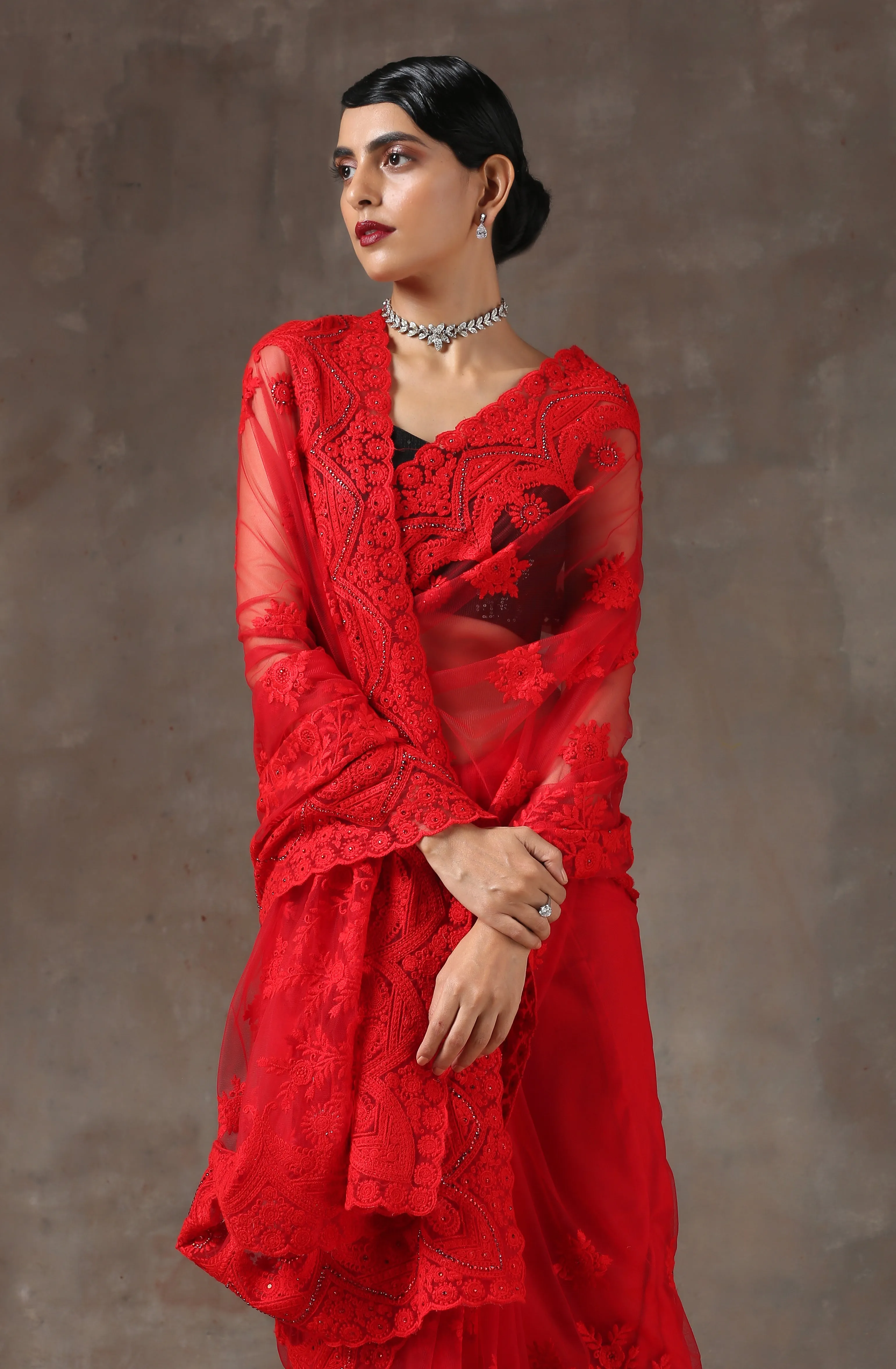 Red Moulin Rouge Net Saree with Embroidery & Scalloping