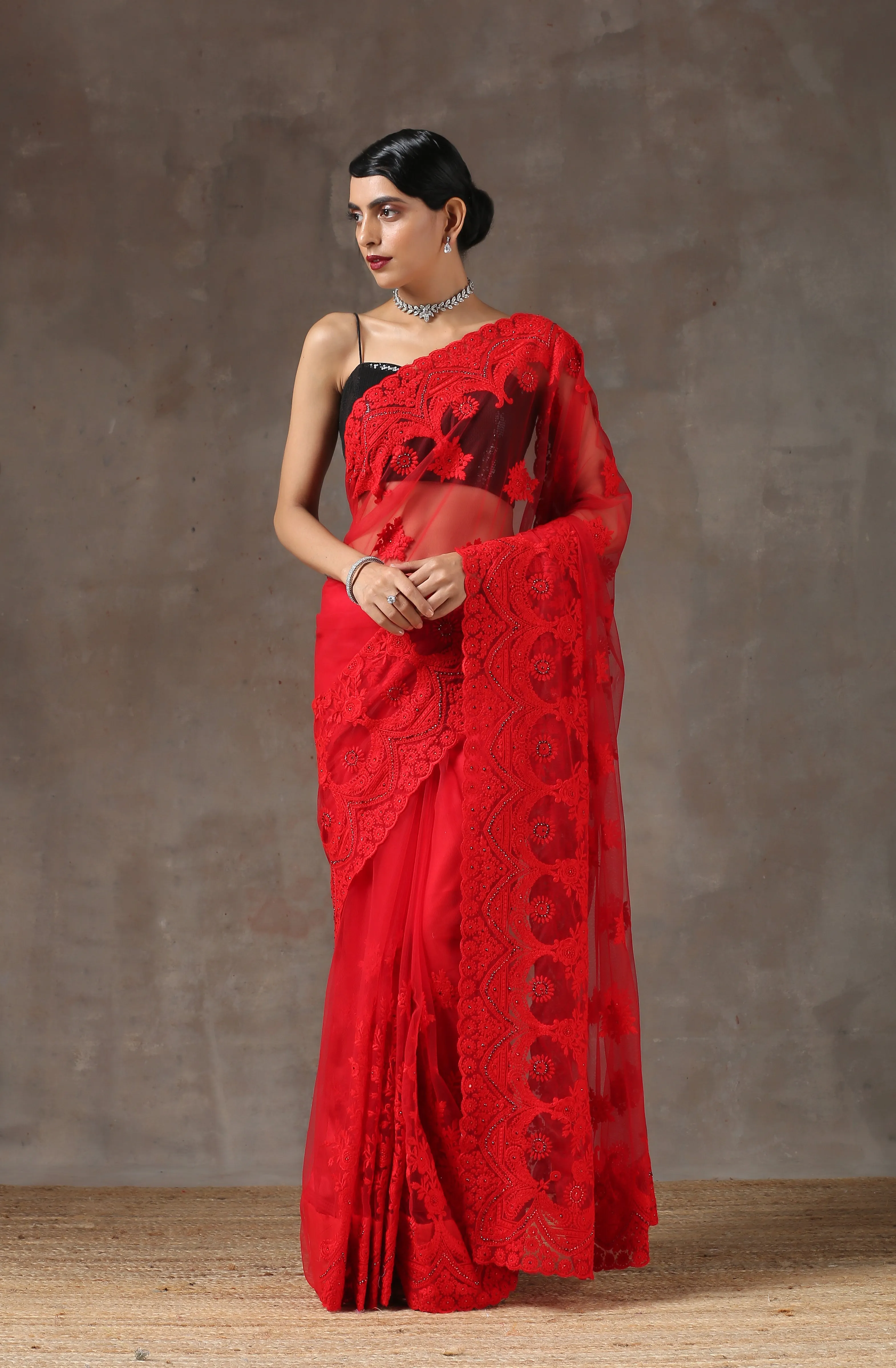 Red Moulin Rouge Net Saree with Embroidery & Scalloping