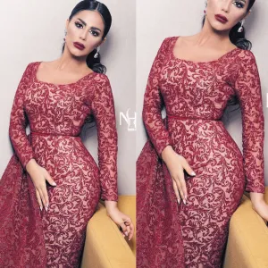 red sparkly evening dresses with detachable train long sleeve mermaid elegant muslim evening gown