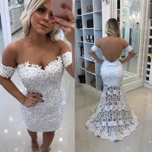 removable skirt white evening dresses 2021 off the shoulder lace applique beaded mermaid evening gown