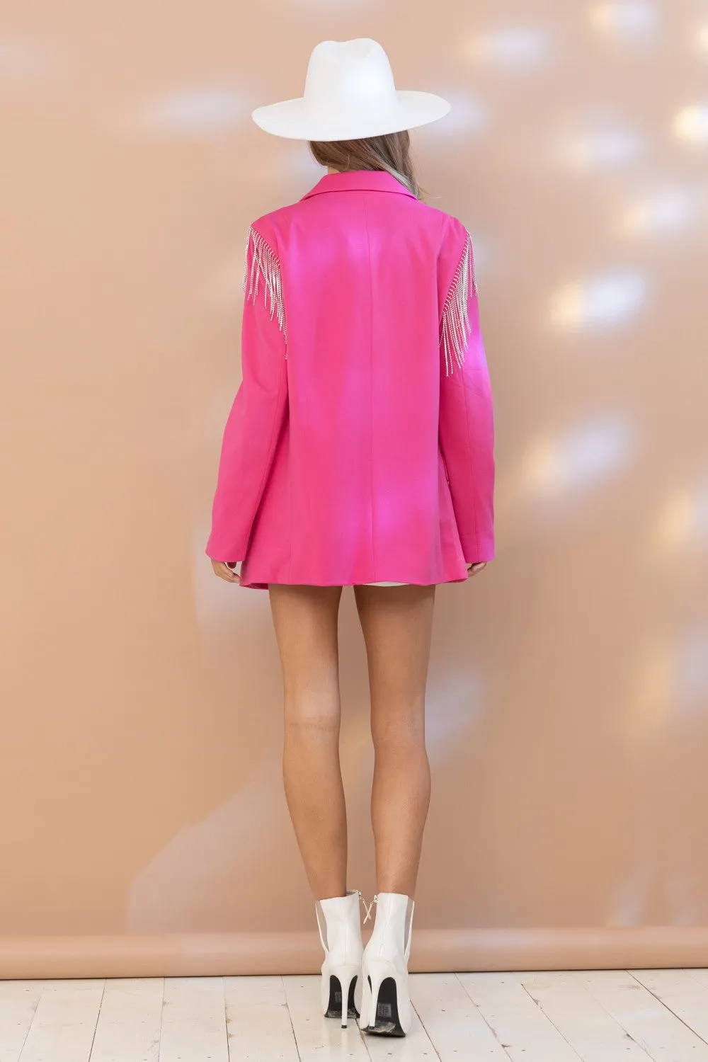 Rhinestone Fringe Shoulder Open Blazer