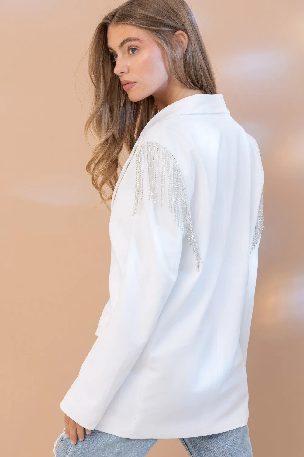 Rhinestone Fringe Shoulder Open Blazer