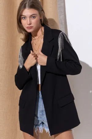 Rhinestone Fringe Shoulder Open Blazer