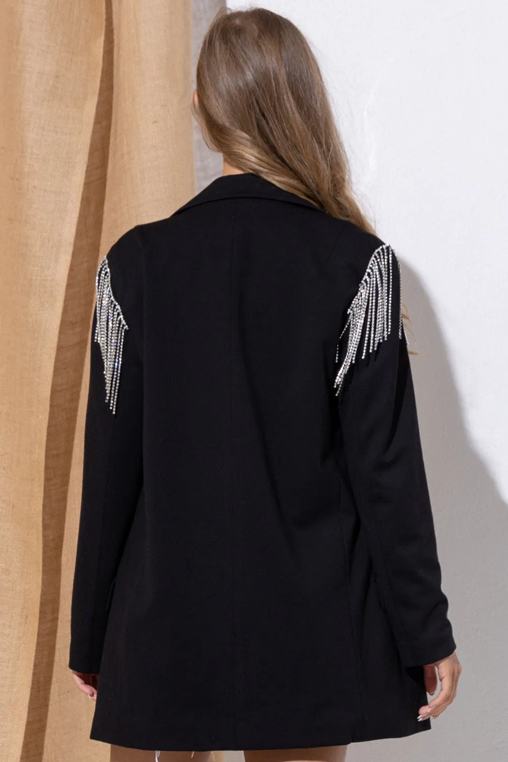 Rhinestone Fringe Shoulder Open Blazer