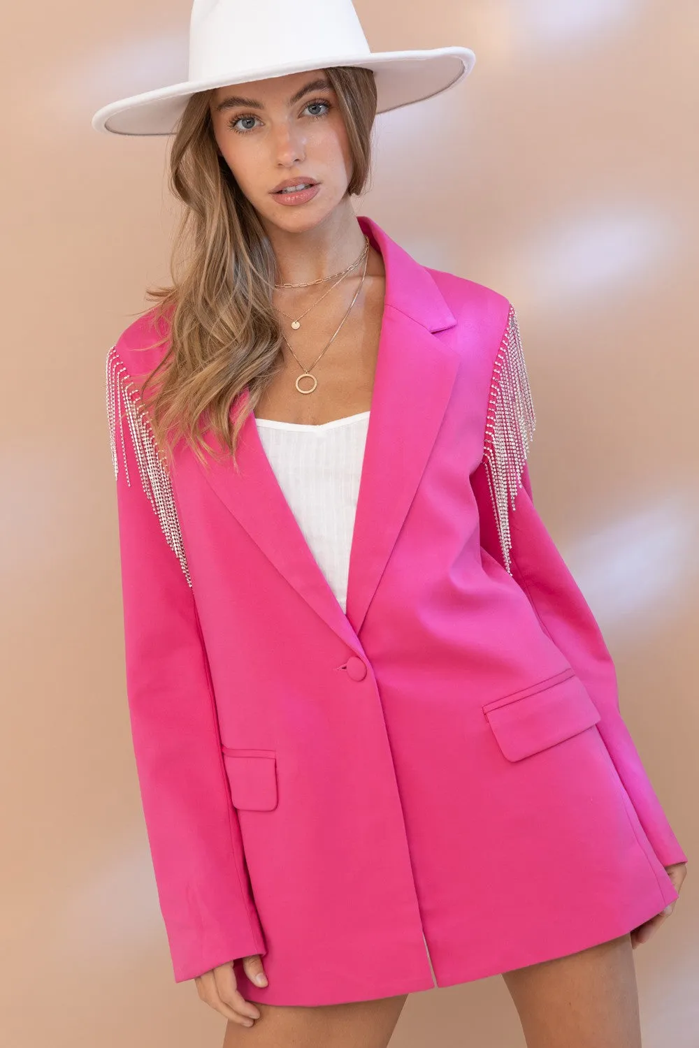 Rhinestone Fringe Shoulder Open Blazer