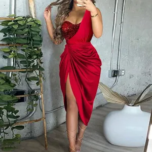 Rhinestone One Shoulder Ruched Slit Dress