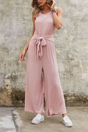 Ribbed Scoop Neck Tie Waist Sleeveless Jumpsuit