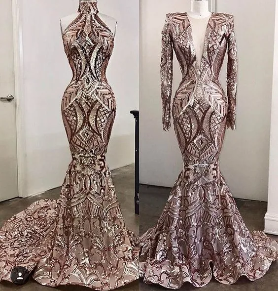 rose gold evening dresses long modest vintage sparkly mermaid elegant bling evening gown 2021