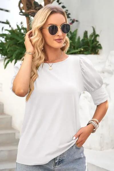 Round Neck Lantern Sleeve Blouse (6 Colors)