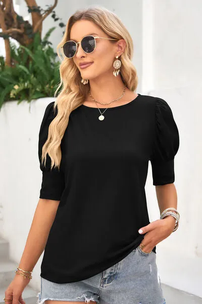 Round Neck Lantern Sleeve Blouse (6 Colors)
