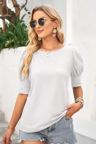 Round Neck Lantern Sleeve Blouse (6 Colors)