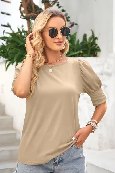 Round Neck Lantern Sleeve Blouse (6 Colors)