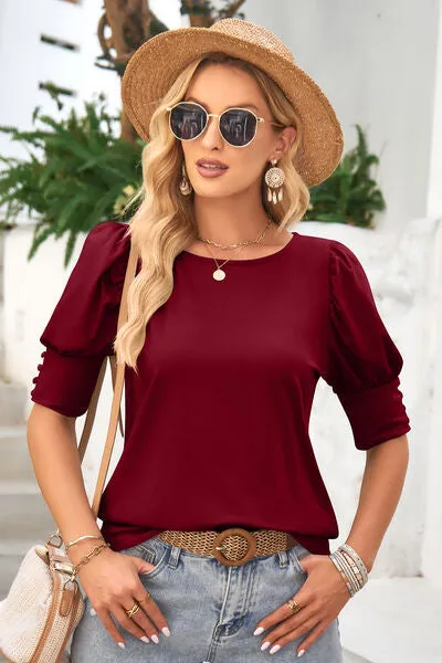 Round Neck Lantern Sleeve Blouse (6 Colors)