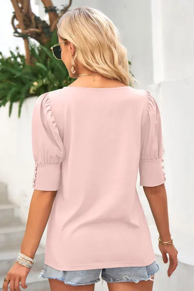 Round Neck Lantern Sleeve Blouse (6 Colors)