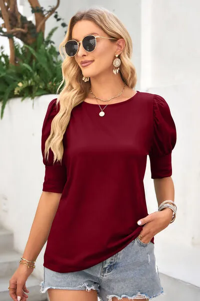 Round Neck Lantern Sleeve Blouse (6 Colors)