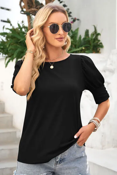 Round Neck Lantern Sleeve Blouse (6 Colors)