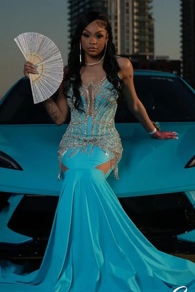 Round neck Silver Beaded Blue Mermaid Floor length Prom Dresses
