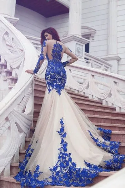 royal blue lace applique evening dresses long sleeve mermaid modest simple evening gown 2021