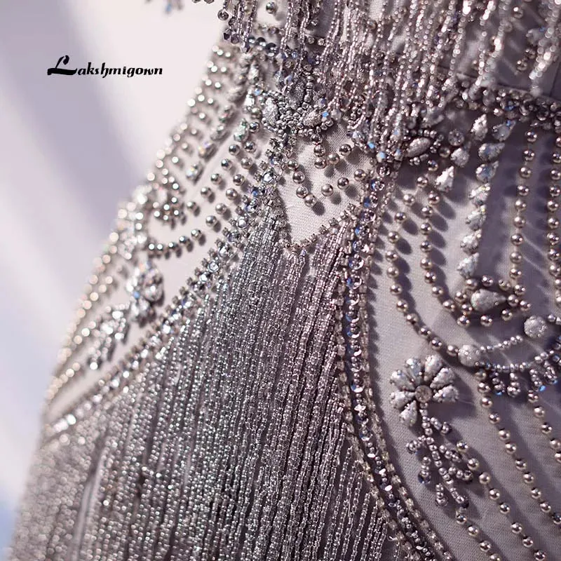 Roycebridal Lakshmigown Couture Luxury Silver Crystals Evening Dresses Long High Neck Cap Sleeve Mermaid Evening Gown Robe De Soiree