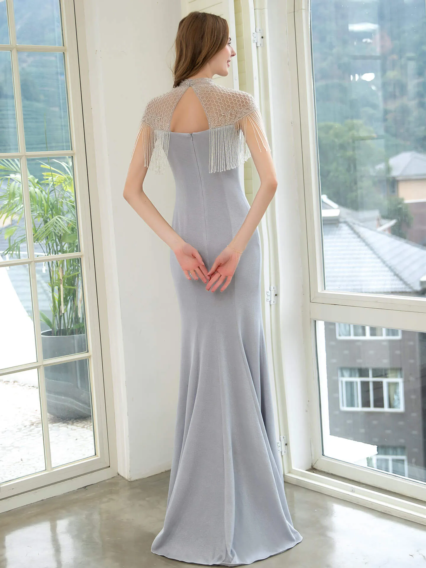 Roycebridal Mermaid Beaded Luxurious Fashion Formal Evening Dresses Short Sleeves Floor Length
