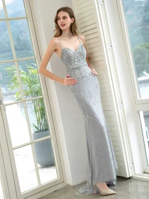 Roycebridal Mermaid Beaded Luxurious Fashion Formal Evening Dresses Spaghetti Strap Sleeveless Floor Length