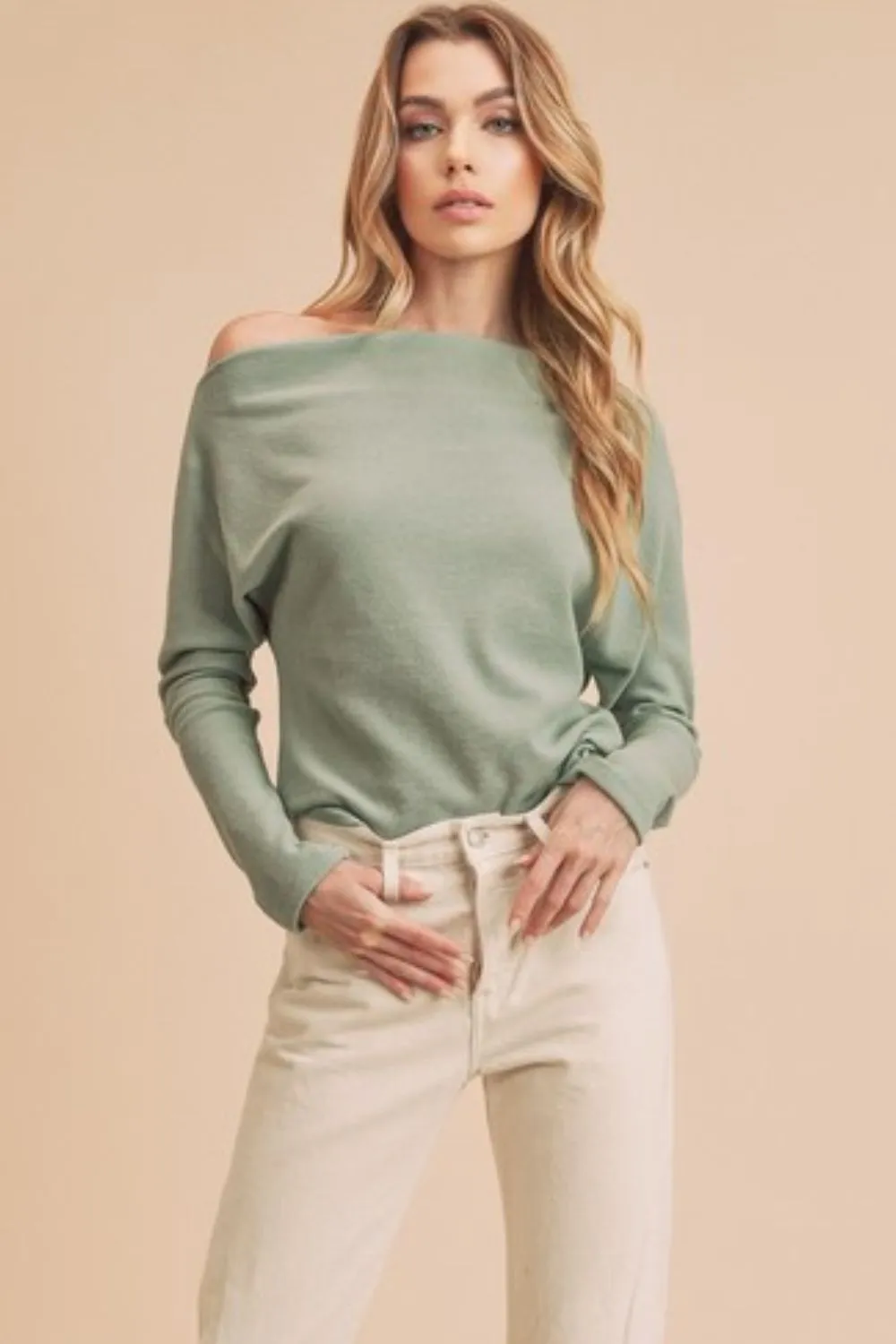 Sage One Shoulder Long Sleeve Knit Top