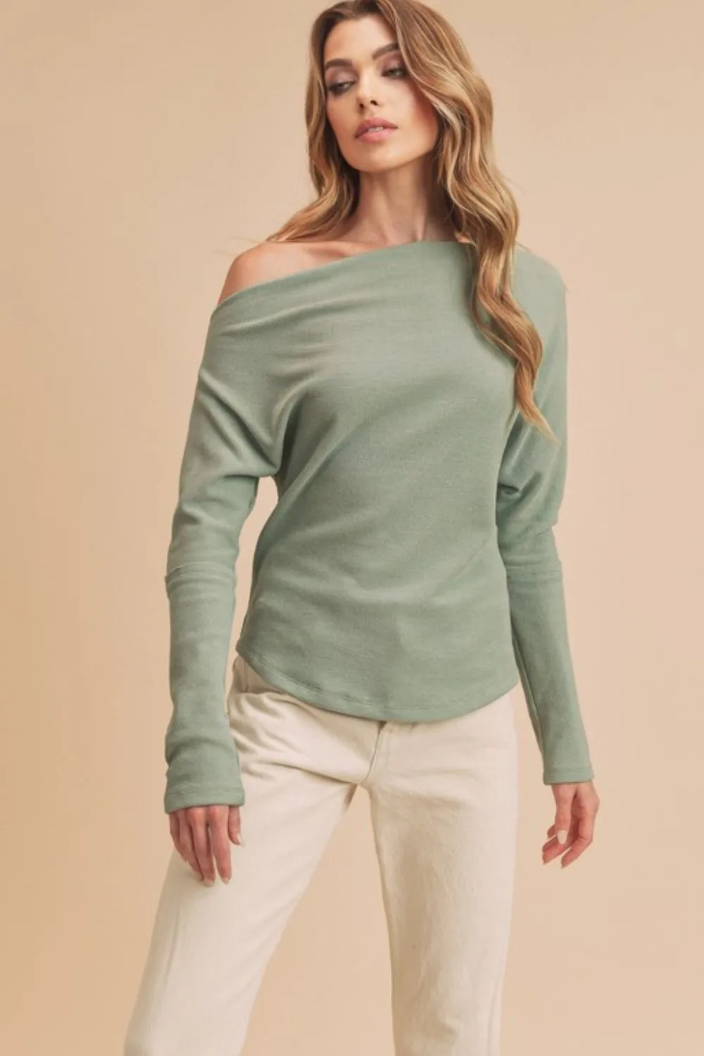 Sage One Shoulder Long Sleeve Knit Top