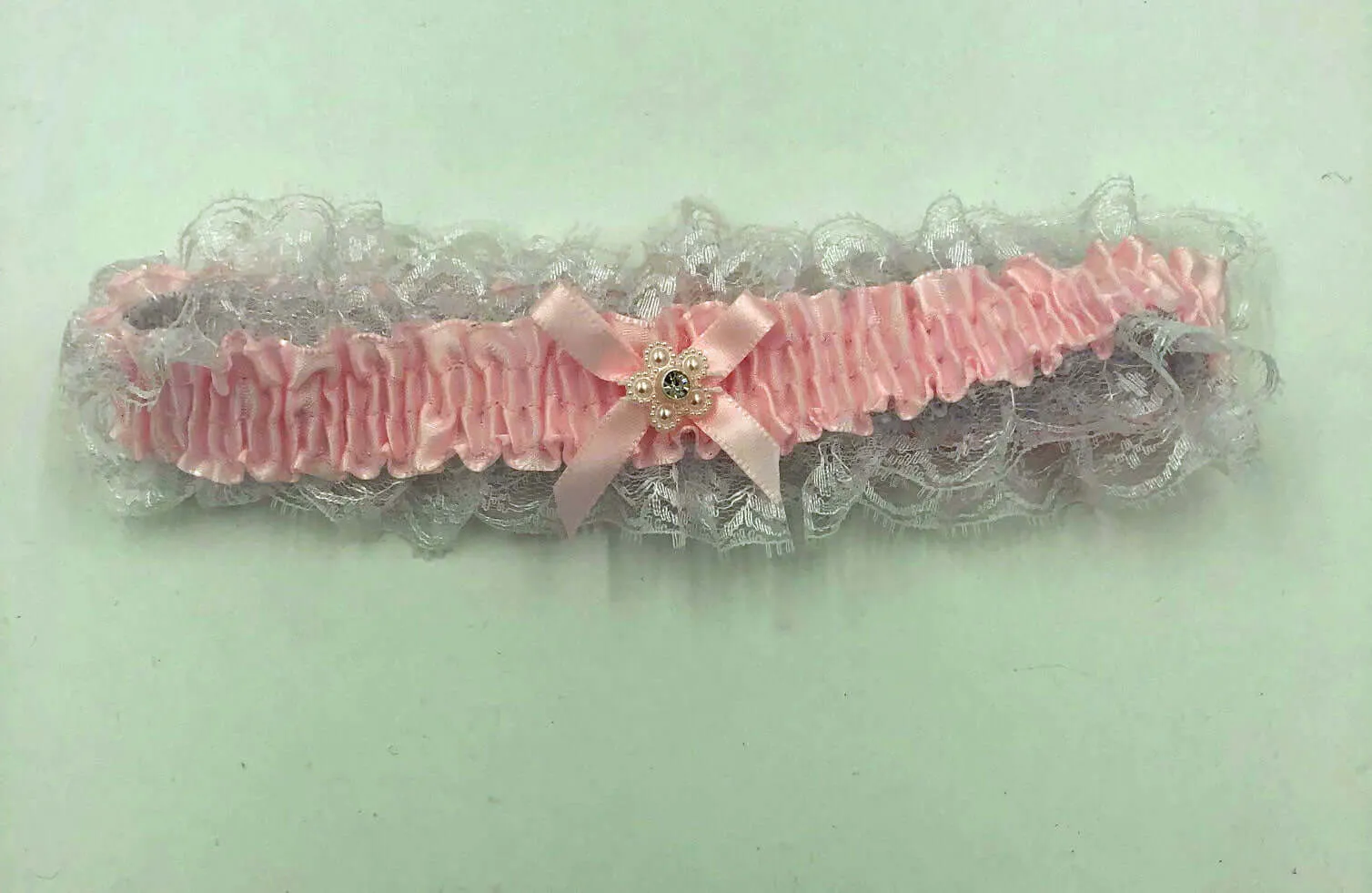 Satin Leg Garter - One Size - Baby Pink With White Lace