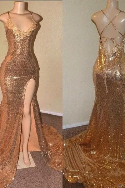 Sequins Sleeveless Front Slit Floor Length Mermaid Dresses