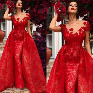 short sleeve red evening dresses long lace appliqué detachable train elegant evening gown vestido de festa