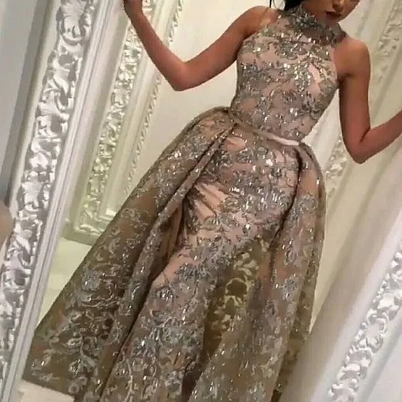 silver appliqué evening dresses long detachable train champagne elegant sparkly evening gown