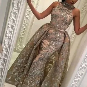 silver appliqué evening dresses long detachable train champagne elegant sparkly evening gown