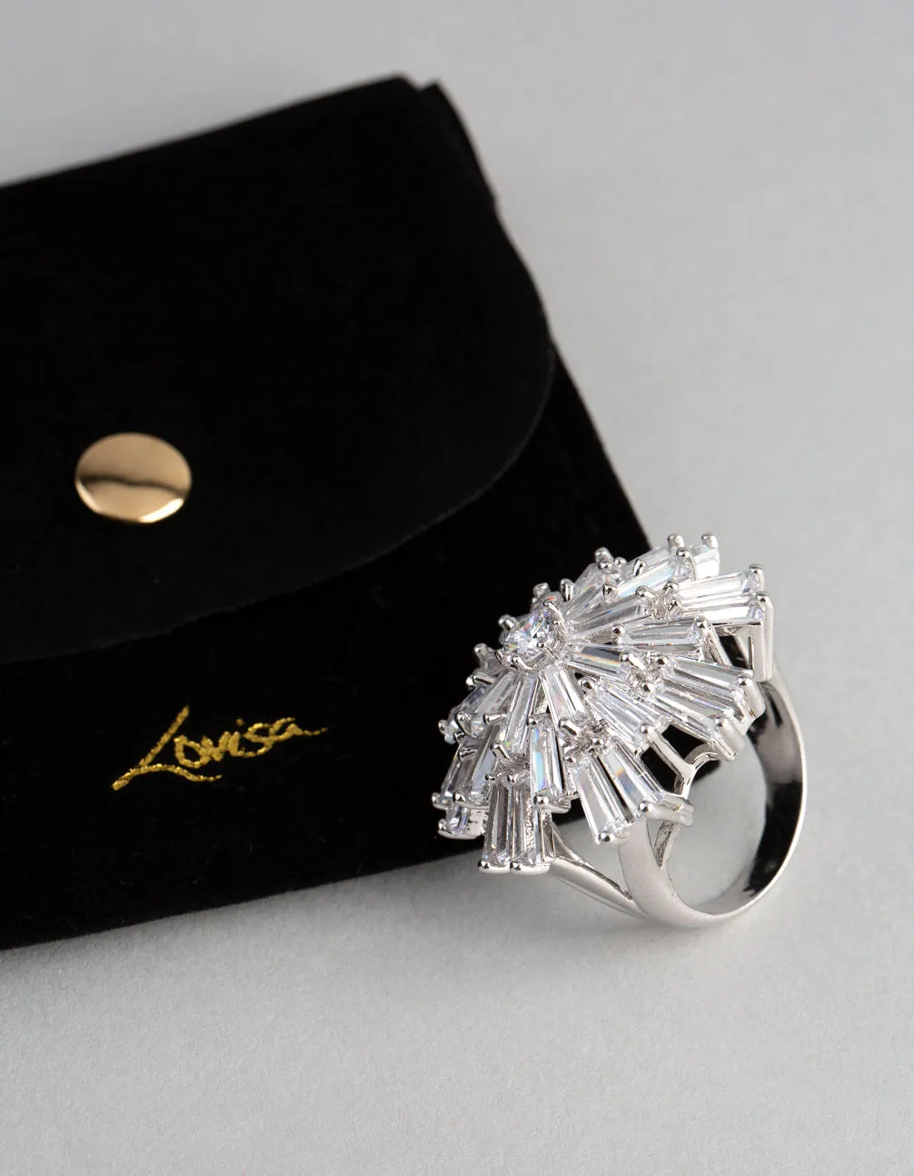 Silver Cubic Zirconia Statement Starbust Cocktail Ring