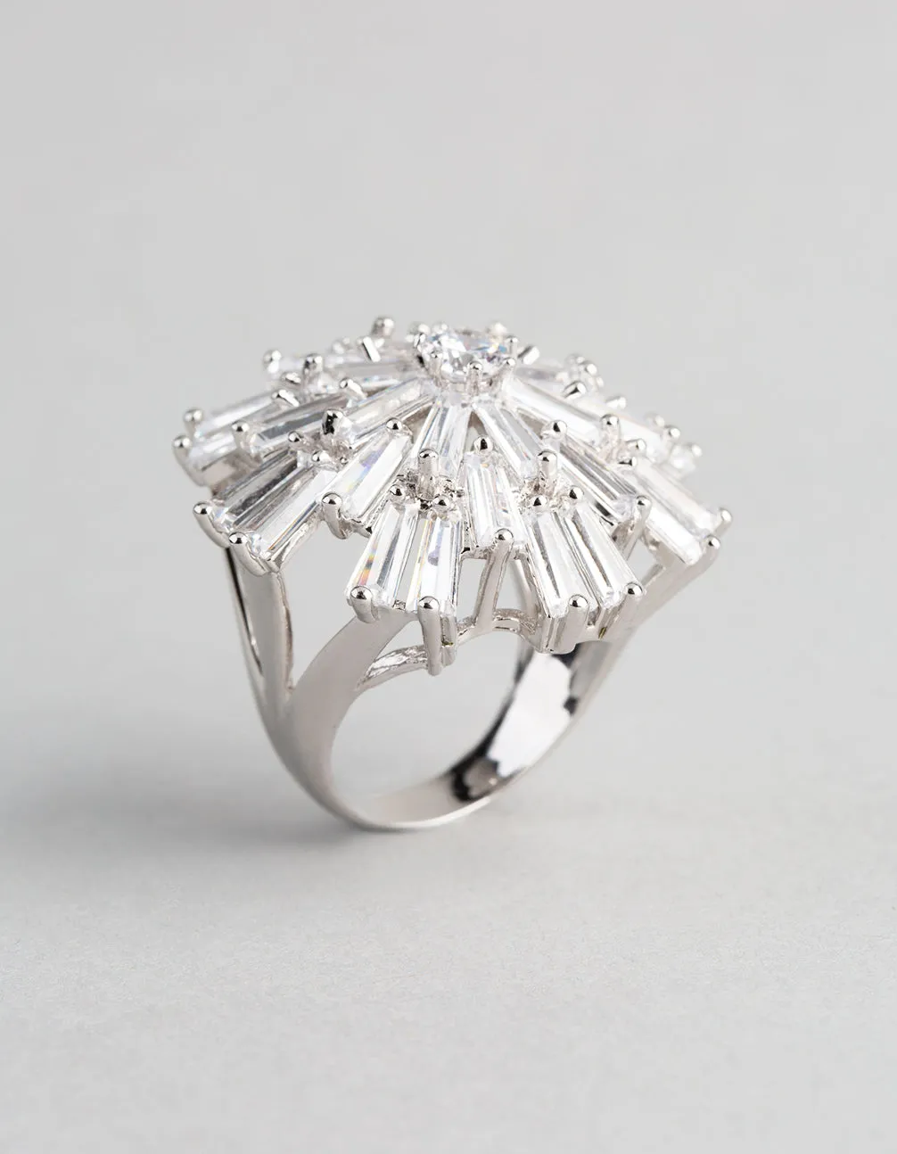 Silver Cubic Zirconia Statement Starbust Cocktail Ring