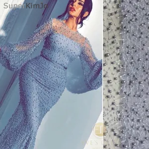 silver evening dress long mermaid peals beaded luxury elegant arabic evening gown formal dress