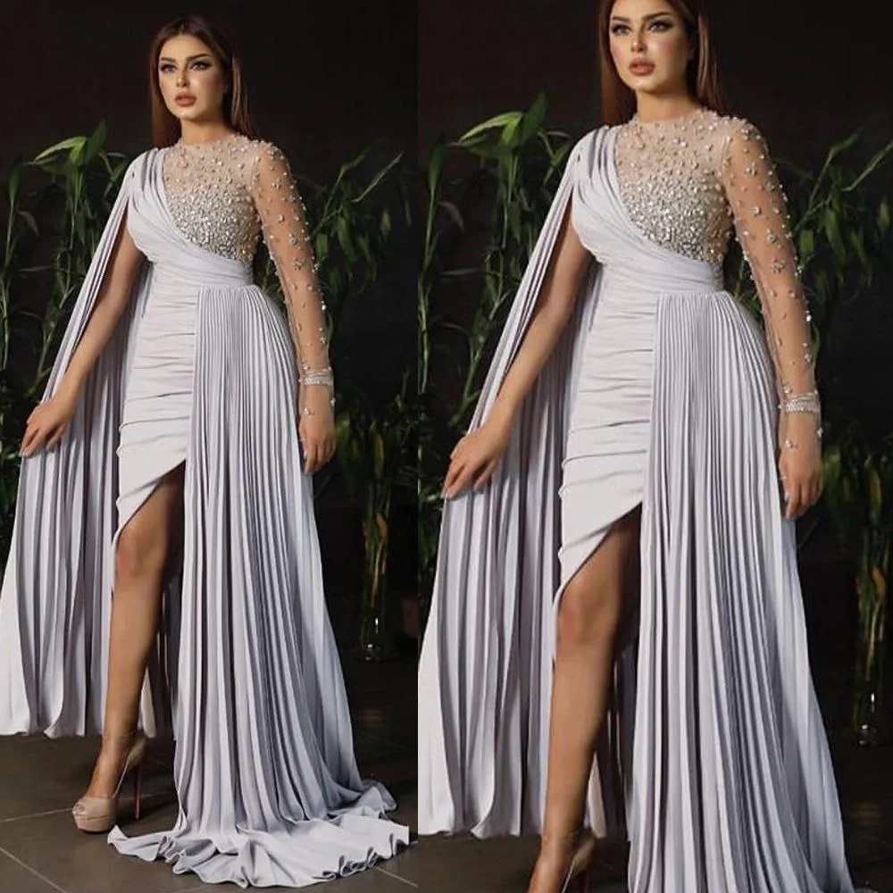 silver evening dresses short beaded mermaid pleated long sleeve Dubai fashion elegant evening gown formal dress
