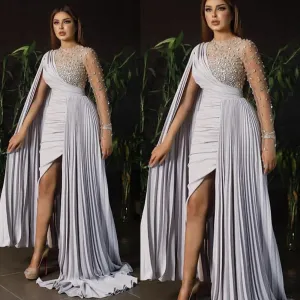 silver evening dresses short beaded mermaid pleated long sleeve Dubai fashion elegant evening gown formal dress
