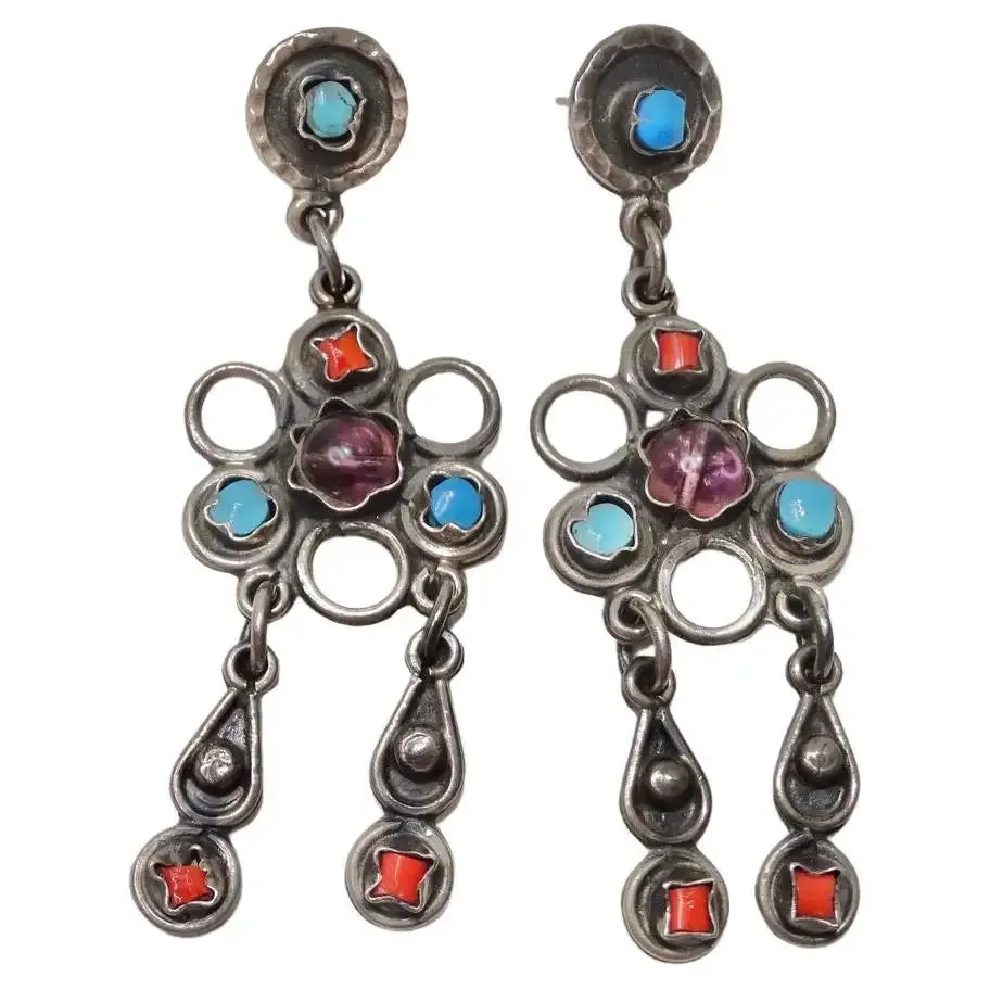 Silver Flower Turquoise Gemstone Dangle Earrings