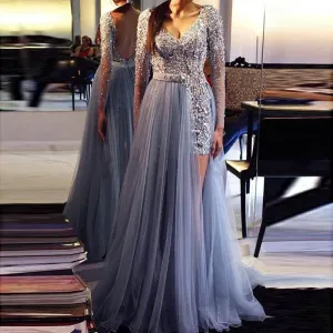 silver gray evening dresses long sleeve detachable skirt crystals beaded luxury mermaid evening gown vestido de festa