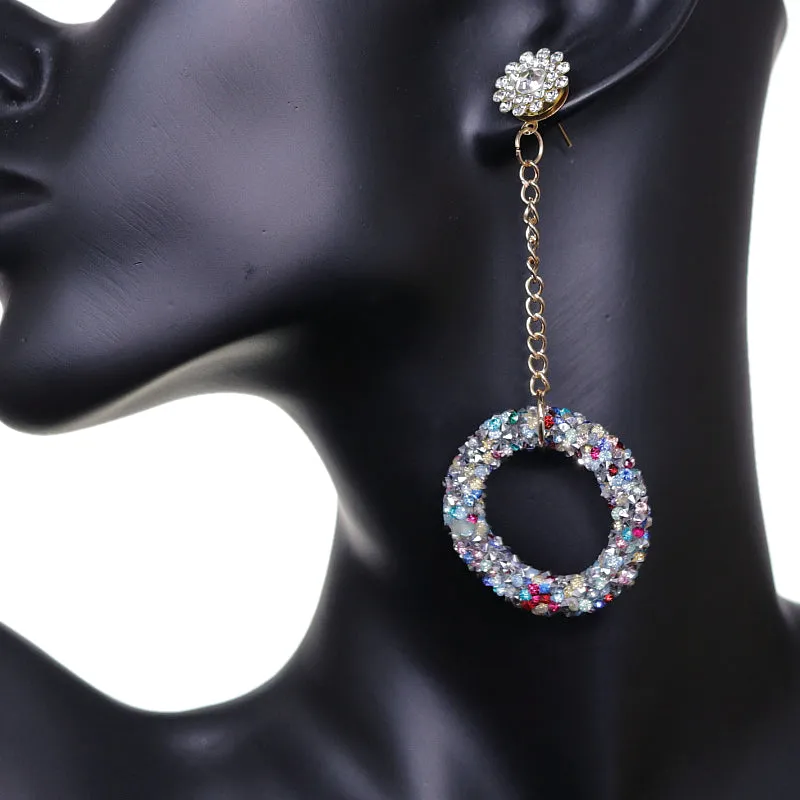 Silver Multicolor Crystal Confetti Drop Chain Earrings