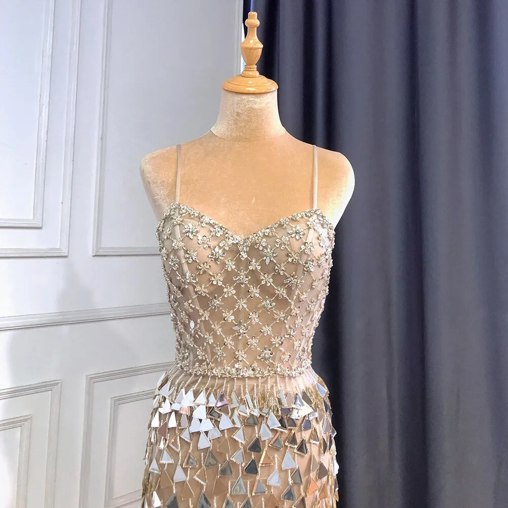 Silver Nude Spaghetti Strap Luxury Evening Dresses Gown