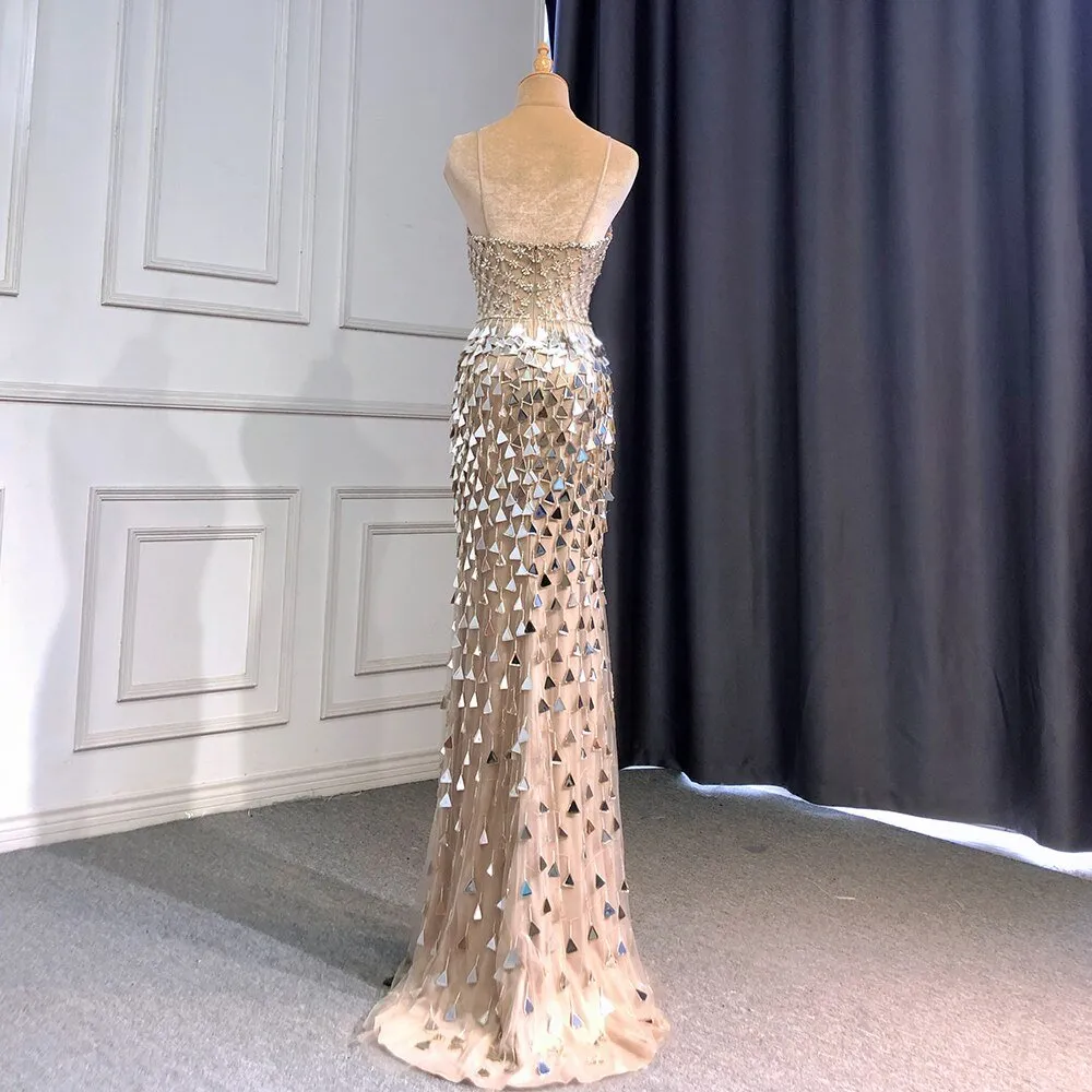 Silver Nude Spaghetti Strap Luxury Evening Dresses Gown